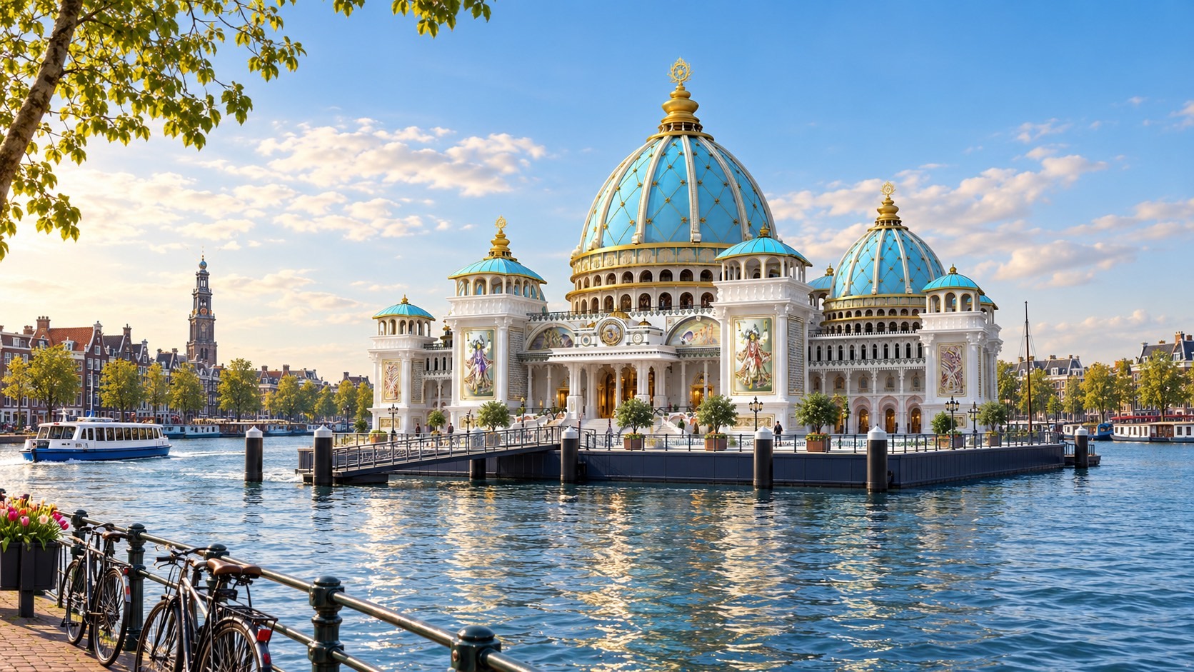 Aspirational concept of a Jagannath temple floating on Amsterdam water, with a pontoon, canal houses, boats, bicycles and the Westertoren