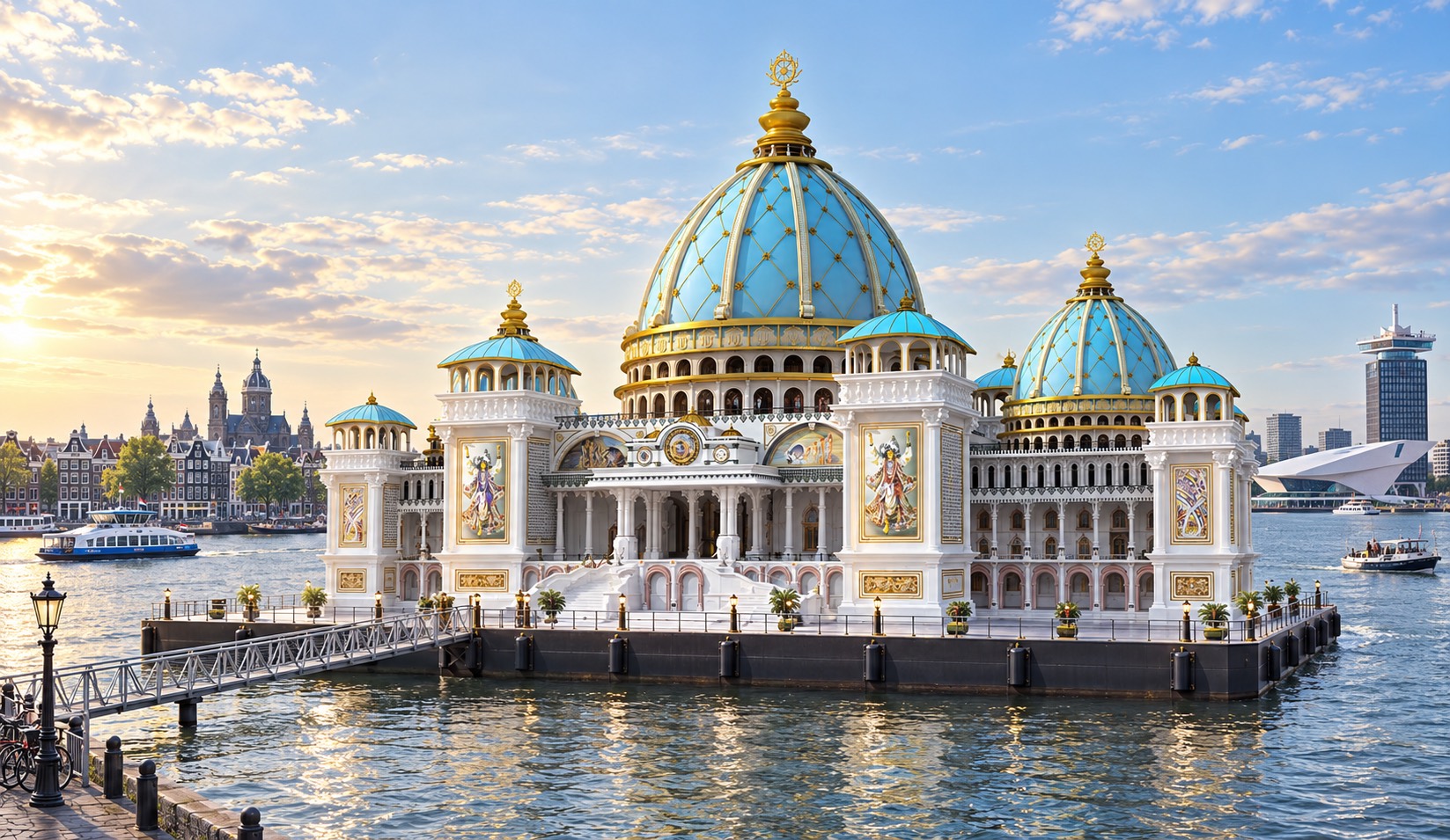 Aspirational frontal concept of the white-and-gold Jagannath temple on a floating platform in Amsterdam