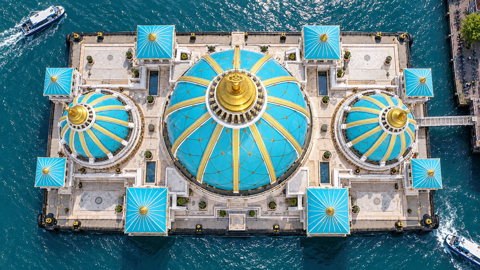 Vertical aerial concept view of the turquoise-and-gold temple domes on a single engineered floating platform, surrounded by Amsterdam’s Binnen-IJ water, ferries and a bicycle quay