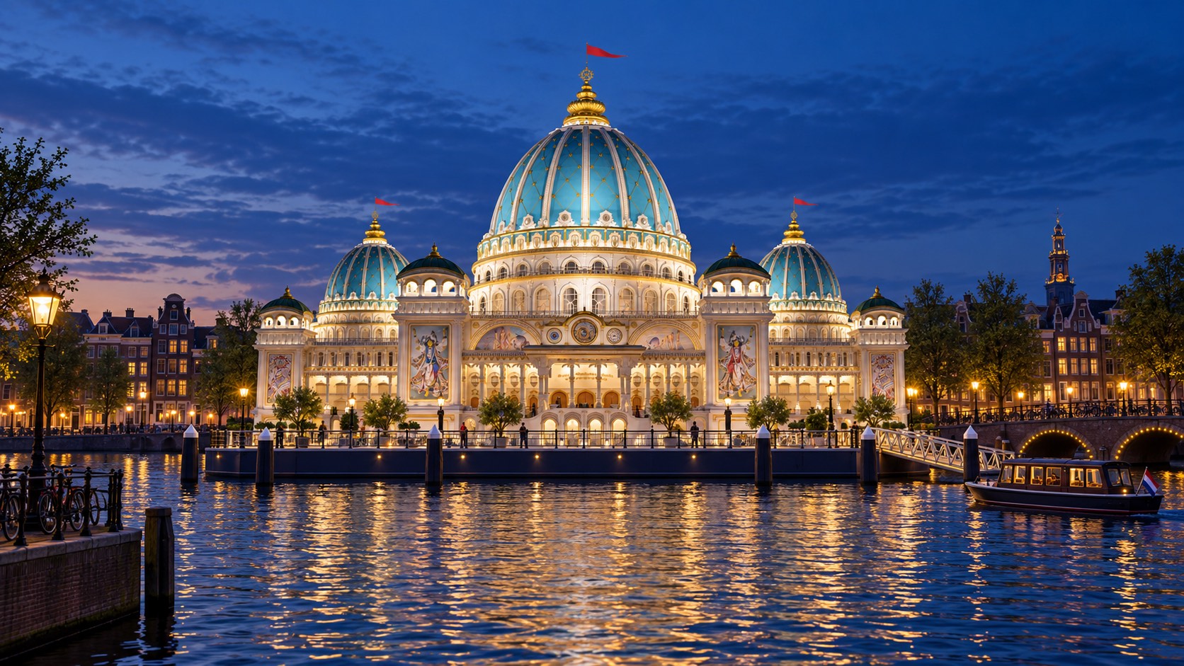 Aspirational evening concept of the illuminated Jagannath temple floating on an Amsterdam canal